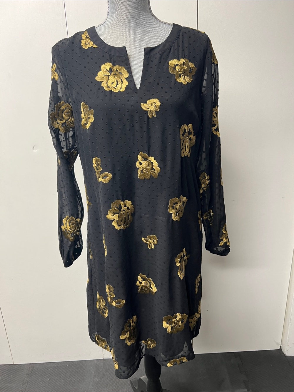 CAbi Black Long-Sleeve Tunic Dress with Gold Floral Embroidery